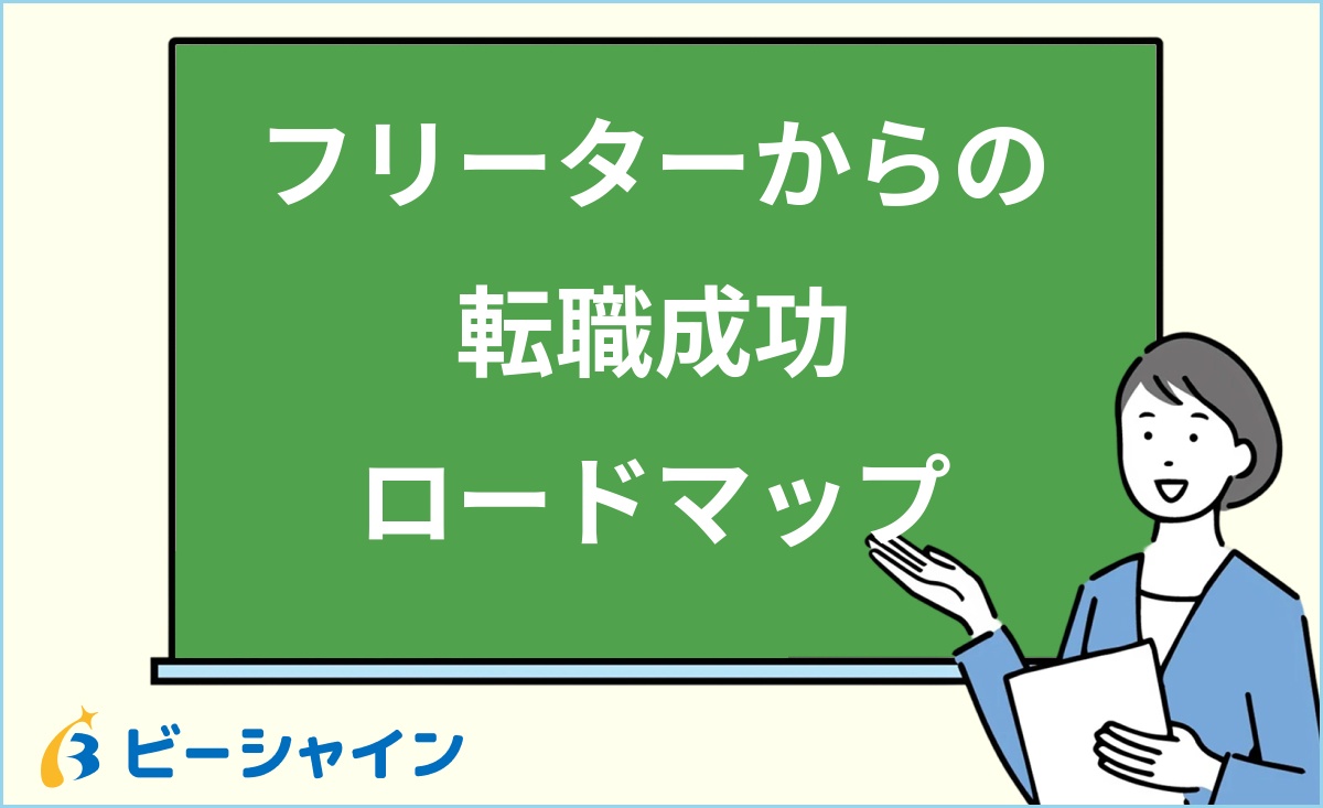 「フリーターからの 転職成功 ロードマップ」と書かれた黒板の前で解説する女性のイラスト