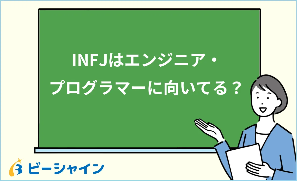 「INFJはエンジニア・プログラマーに向いている？理想と共感力を活かすキャリアの作り方」と書かれた黒板の前で解説する女性のイラスト