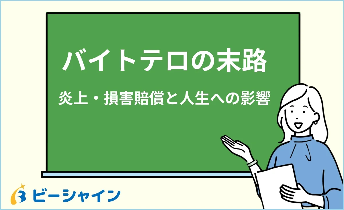 「バイトテロの末路｜炎上・損害賠償の実例と人生への影響」と書かれた黒板の前で解説する女性のイラスト