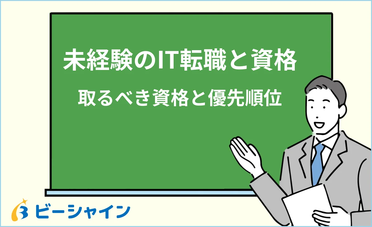 「未経験のIT転職に有利な資格と優先順位」と書かれた黒板の前で解説する男性のイラスト